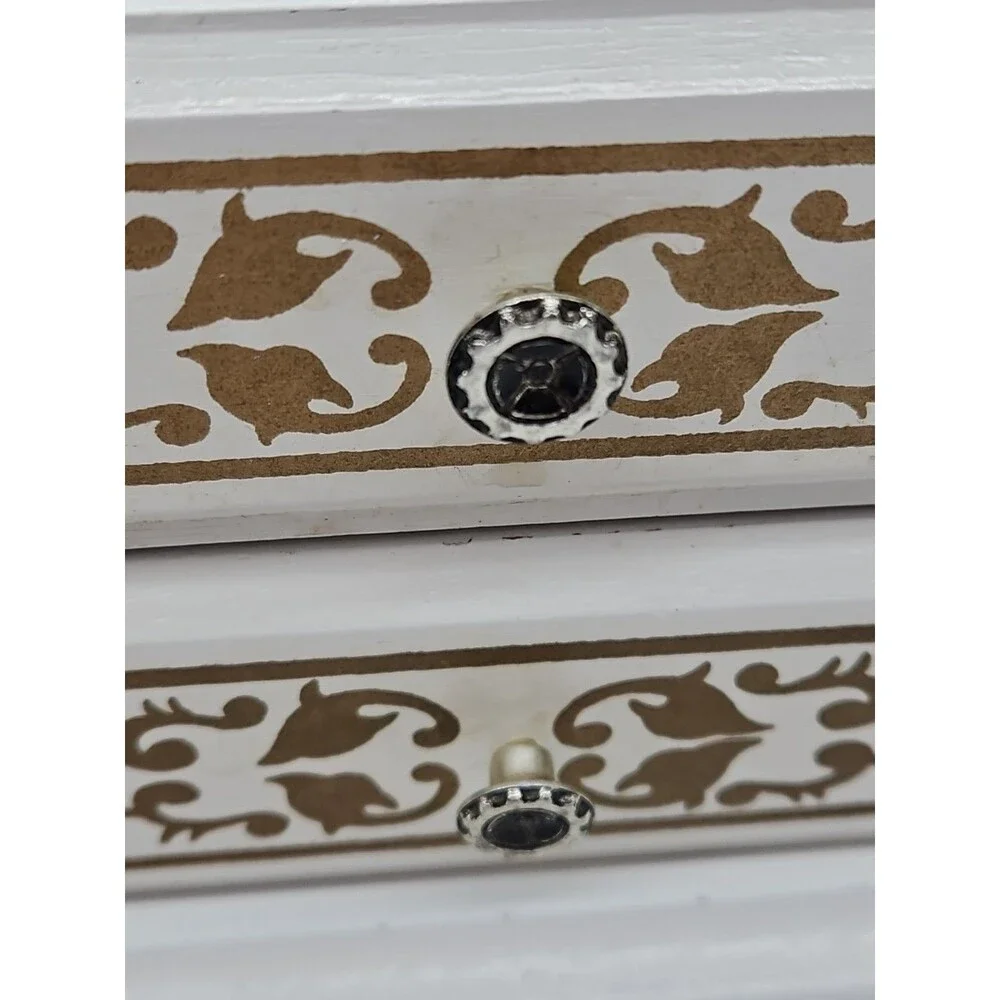 Wooden Jewelry Box White And Gold Filigree Velvet Lined